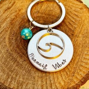 🆕 Handstamped Mermaid Vibes Ocean Wave Handmade Keychain